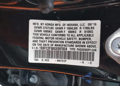 2016 Honda Civic Lx из США, поврежденный, VIN 19XFC2F50GE097024